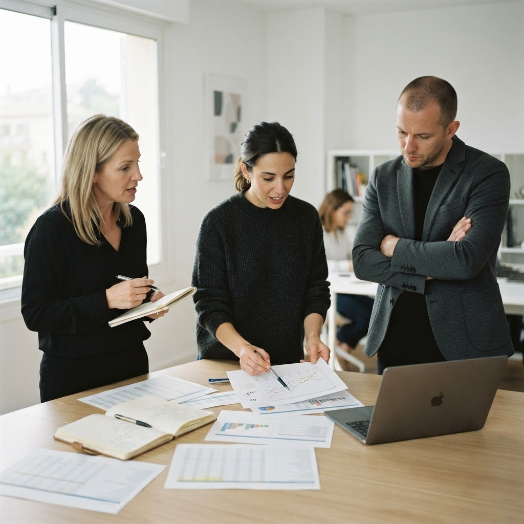 Tres profesionales de pie alrededor de una mesa revisando informes impresos y un portátil durante una sesión de trabajo.